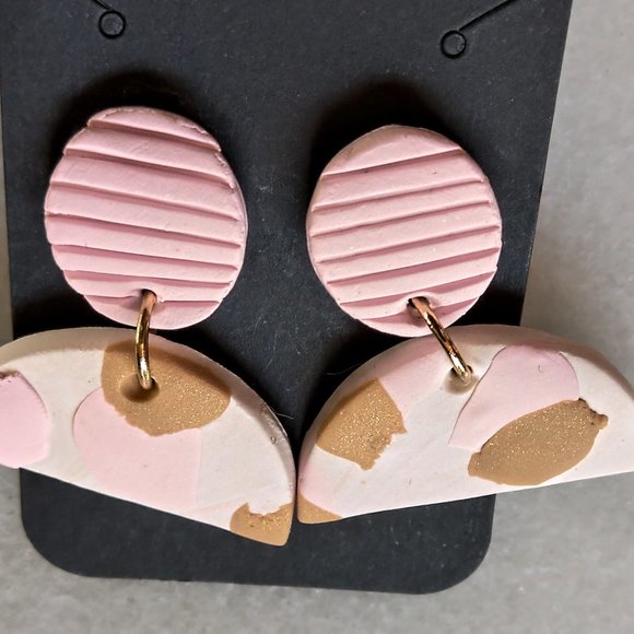 Pink and Gold Half Circle Dangle Earrings - Picture 8 of 9